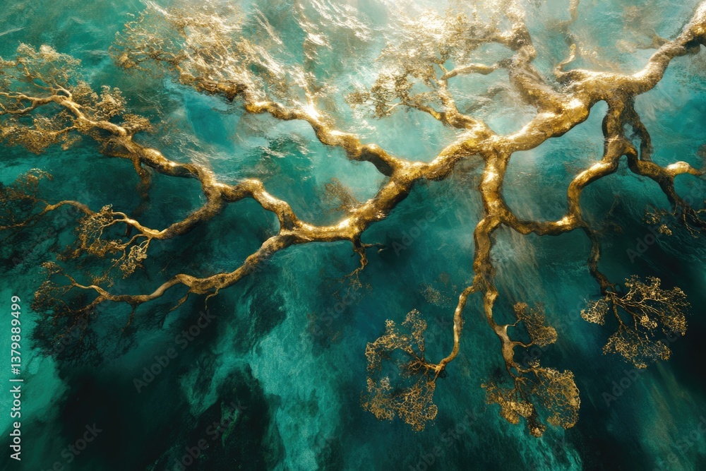 Fototapete Golden tree-like structure extending across turquoise water surface, creating an ethereal and otherworldly atmosphere with a blend of natural and mystical elements.