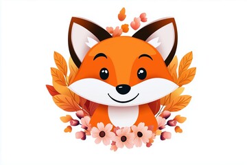 Obraz premium Cute cartoon fox surrounded by autumn leaves and flowers