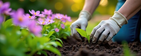 Naklejka premium Close-up of gardener's gloved hands delicately planting vibrant purple flowers in a lush garden, purple flowers, close-up
