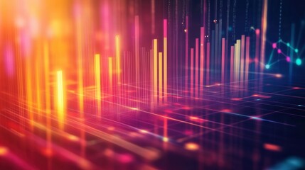 Abstract infographic elements including lines and bar graphs float over a clean tech background featuring soft transparency and vibrant colors