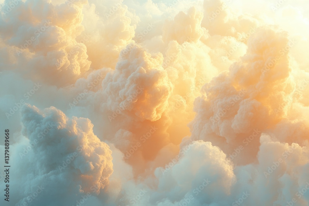 Poster dreamy clouds bask in golden sunlight, creating a serene, ethereal atmosphere with soft, fluffy text