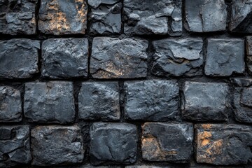 Obraz premium Old stone wall with weathered dark bricks and visible mortar patterns