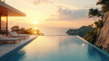 Fototapeta premium Scenic rooftop infinity pool with elegant sun loungers overlooking a modern city skyline at vibrant sunset, symbolizing luxury travel, relaxation, and exclusive urban lifestyle. Banner with copy space