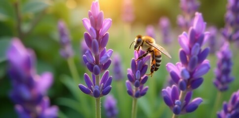 Close up shot of a bee collecting nectar from a vibrant purple lavender flower in a lush garden setting,  vibrant,  nature