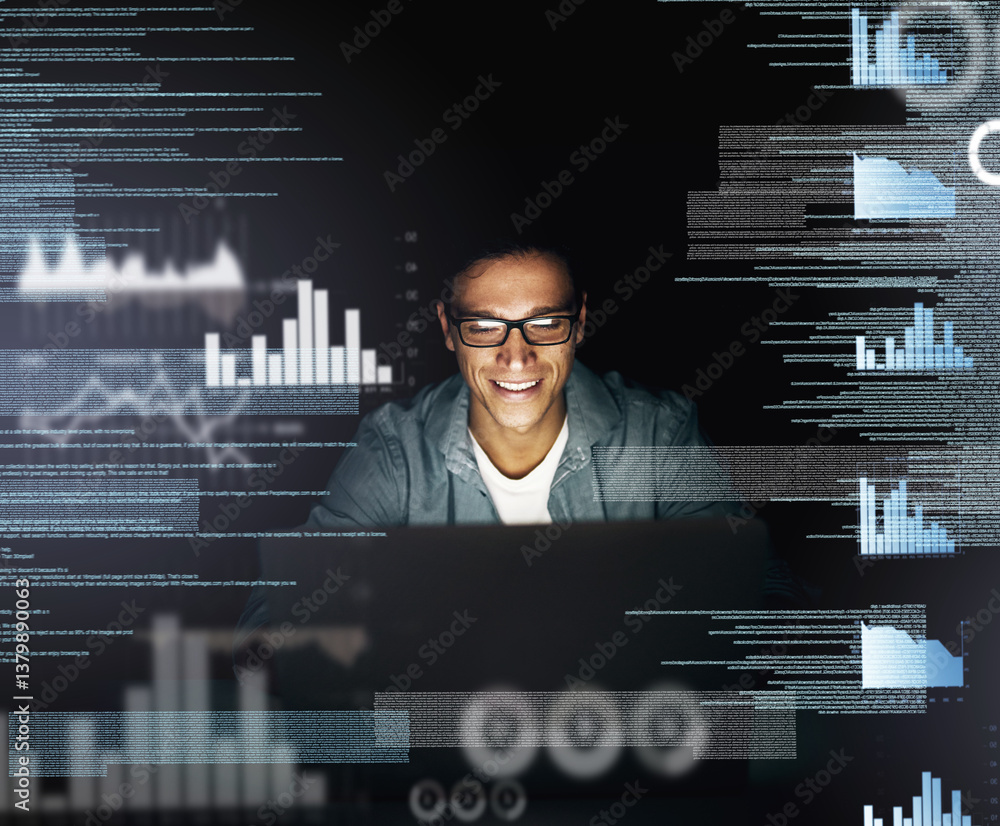 Poster man, overlay and computer with data processing at night as employee for overtime and deadline on sof