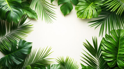 Top view of tropical leaves including monstera and palm arranged around a white central space.