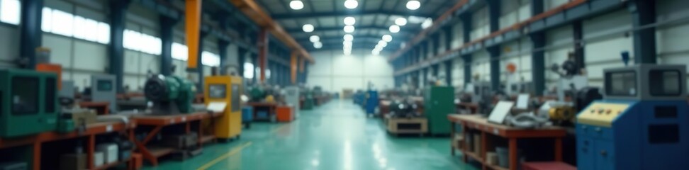 Obraz premium Blurry industrial workshop interior with machineries and equipment, interior, machines