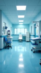 Blurry hospital and clinic interior with medical blue theme, featuring equipment and furnishings,  clinic,  blurred