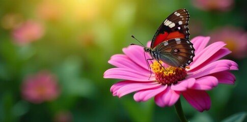 Obraz premium Close-up shot of a colorful butterfly resting on a vibrant pink flower petal in a lush garden, beauty, pink