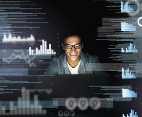 Man, overlay and computer with data processing at night as employee for overtime and deadline on software project. Business, male person and statistics with graphs for programming and analyzing info