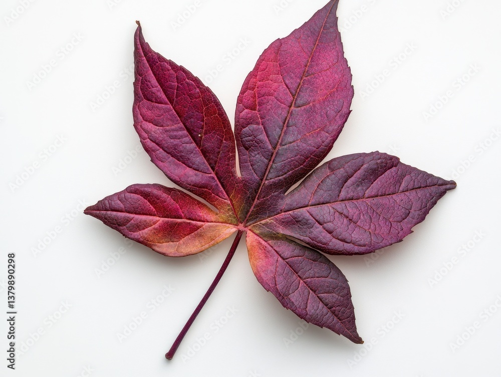 Poster a unique castor bean leaf on a bright white background capturing its detailed texture and shape in h