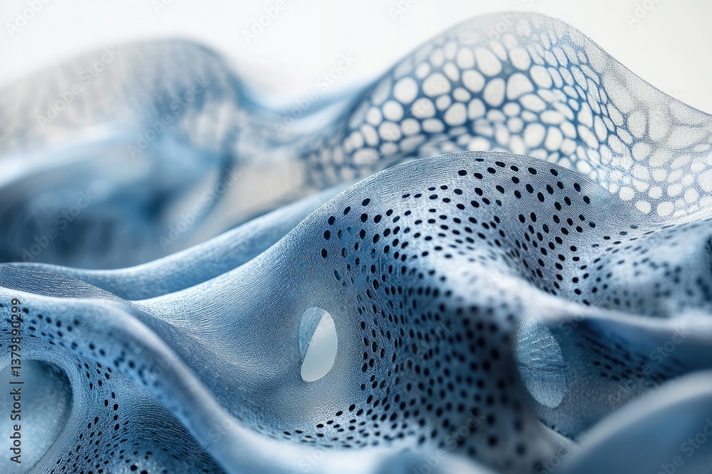 Poster abstract blue fabric with intricate patterns and perforations, creating a visually striking and text