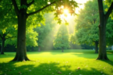 Blurry rays of sunlight filtering through lush green foliage in a serene park setting,  soft focus,  blurred