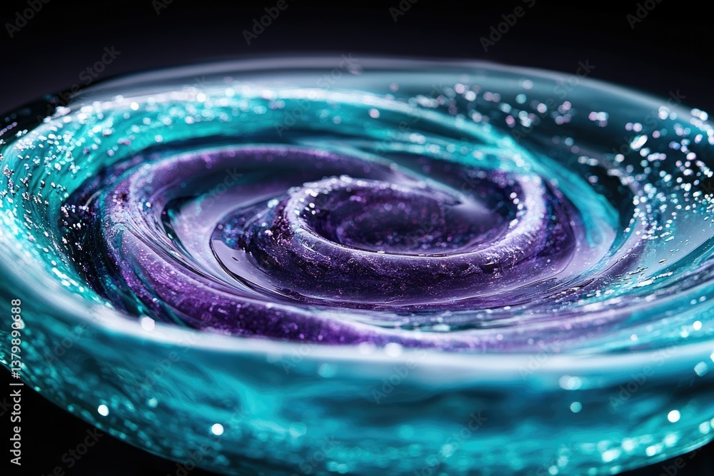 Poster captivating swirl of teal and purple hues with shimmering particles, resembling a galaxy within a gl