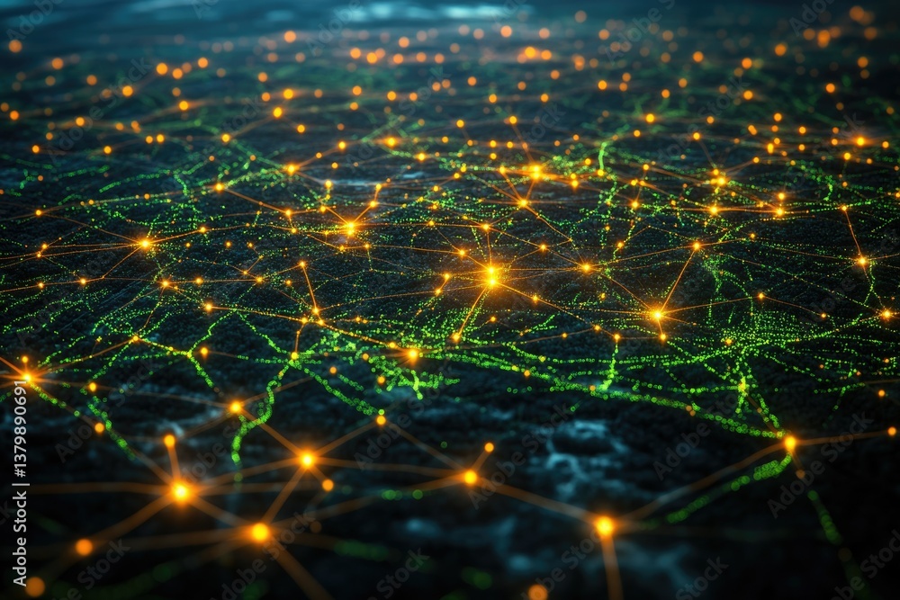 Poster Network of interconnected nodes and lines forms a glowing web, suggesting communication, data flow, or complex connections.