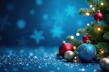 Blue festive Christmas background filled with sparkling snowflakes, twinkling lights, and shimmering ornaments,  celebration,  winter