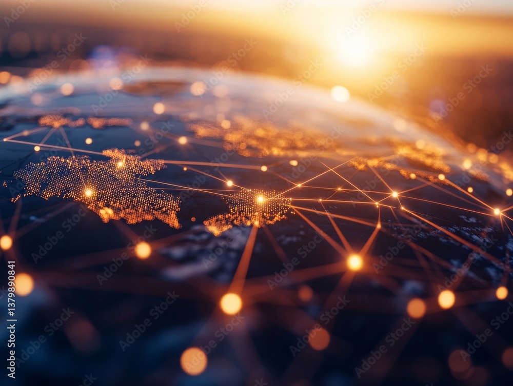 Poster network connections illuminate the globe at sunset, showcasing digital integration and technology's 
