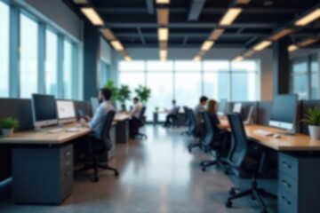 Blurred office cubicles and desks in modern workspace with subtle lighting, blur,  background