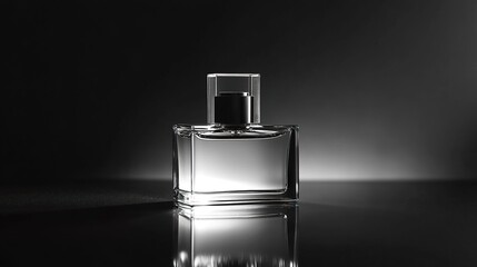 Elegant and minimalist presentation of a modern perfume bottle on dark backdrop