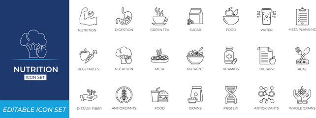 Nutrition icon set with healthy food, diet, vitamins, weight, loss, ,meal planning, wellness symbols for healthcare apps, fitness websites, food labels.