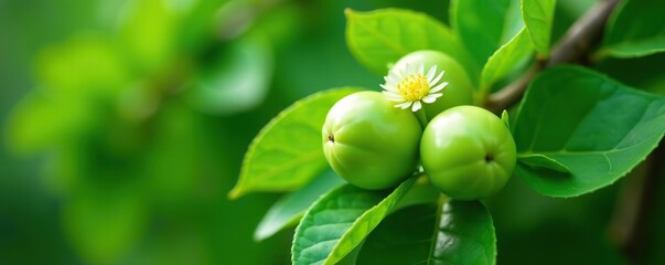 Obraz premium Close up of Actinidia arguta, the hardy kiwi plant in full bloom with vibrant green leaves and delicate white flowers, white flowers, green leaves