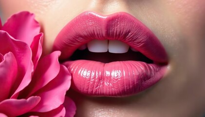 Close-up of shiny pink lips with vibrant pink flowers,  beauty,  fashion
