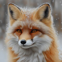 Fox winter portrait with soft white snowflakes high resolution picture