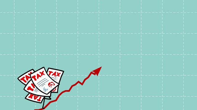 Tax still goes up intro movie clip. Walking up taxes symbol. Cartoon character rising fast. Funny business animation.