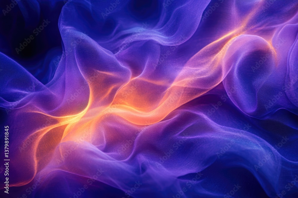 Poster abstract flowing fabric in shades of purple and gold, creating a dreamy, ethereal and glowing effect