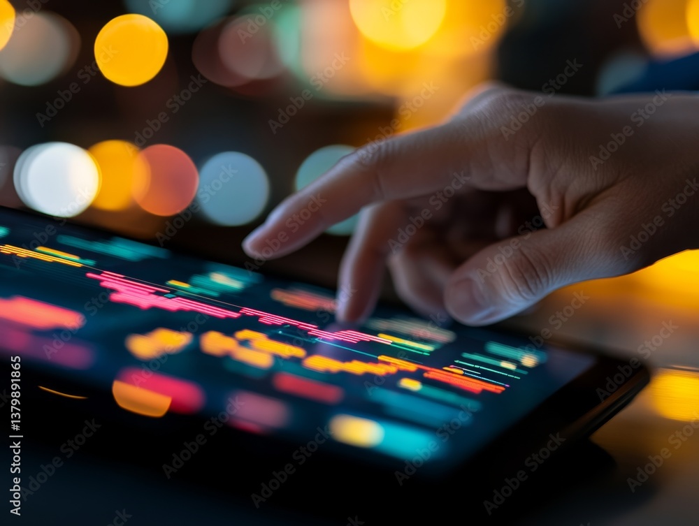 Aufkleber User interacts with financial data on a tablet in a dimly lit environment showcasing vibrant colors and dynamic charts
