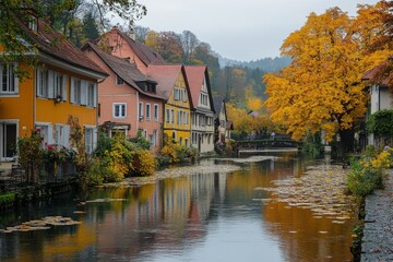 Obraz premium Colorful buildings along riverside with reflections and autumn trees