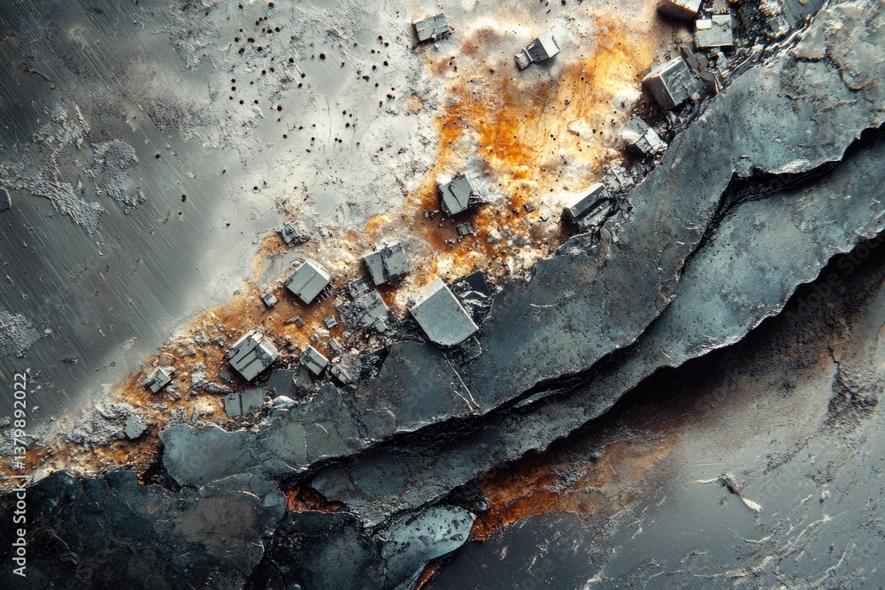 Poster abstract aerial view of dark, cracked terrain with cube structures, reminiscent of a desolate, alien