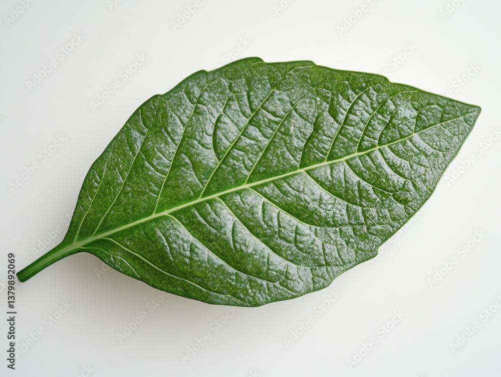 Poster a fresh basil leaf with glossy surface and focus set against a clean white background for culinary u