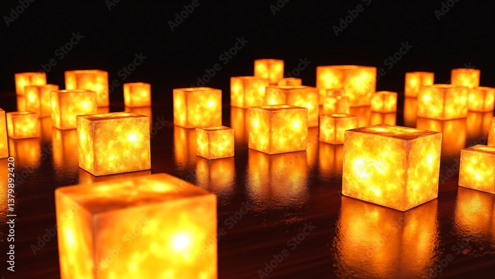 Aufkleber Glowing Transparent Cubes Reflecting Warm Light in a Dark Setting, Creating an Intriguing Abstract Visual Composition