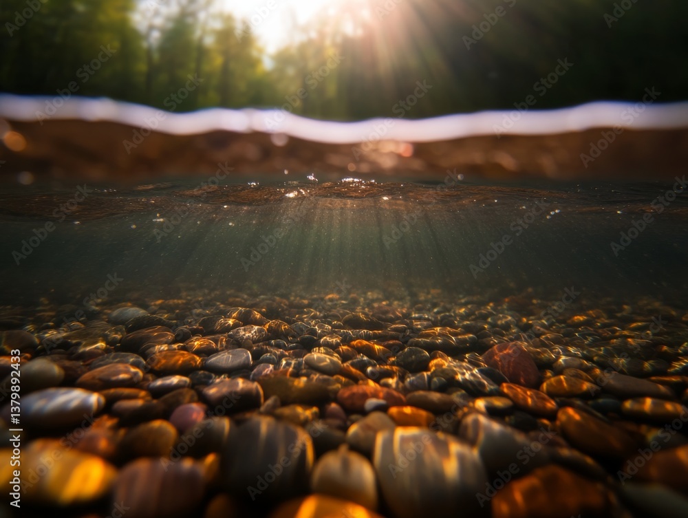 Fototapete underwater view of pebbles with sun rays filtering through surface water in a serene river during a 