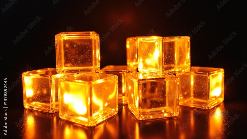 Poster Glowing Transparent Cubes Reflecting Warm Light in a Dark Setting, Creating an Intriguing Abstract Visual Composition