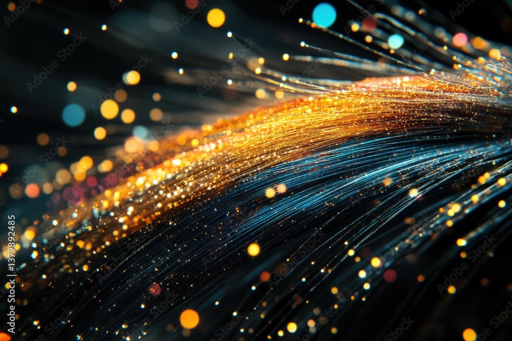 Aufkleber A mesmerizing abstract image showcasing fiber optic strands with glowing golden light particles against a dark, bokeh background.
