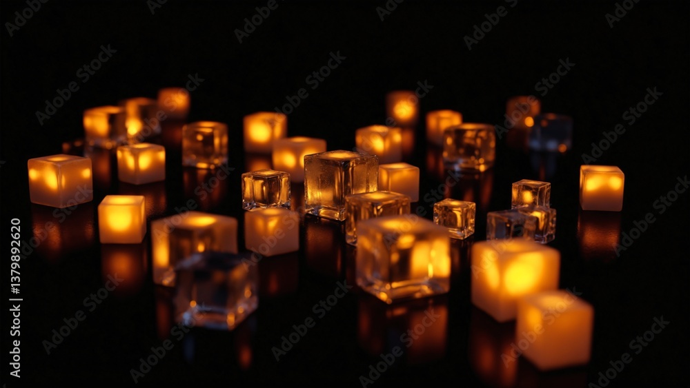 Aufkleber Glowing Transparent Cubes Reflecting Warm Light in a Dark Setting, Creating an Intriguing Abstract Visual Composition