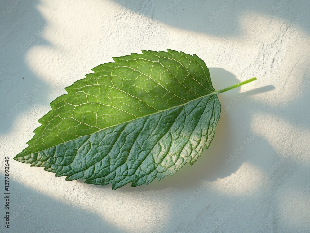Poster fresh mint leaf with visible textures resting on a wall highlighting its aromatic properties and uni