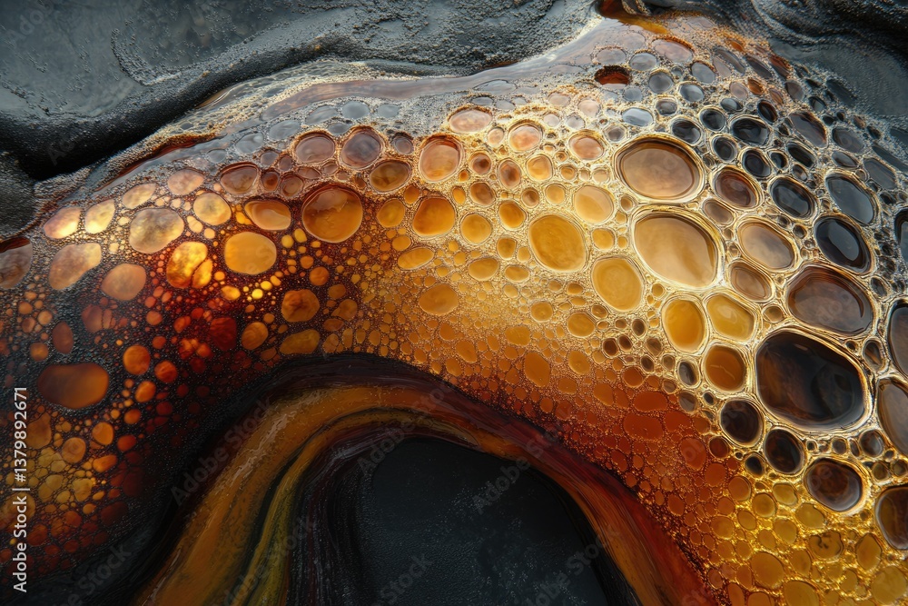 Poster abstract golden and dark fluid art featuring various-sized bubbles and organic shapes, creating a ca
