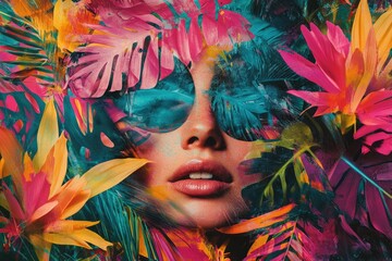 A woman's face artfully blended with vibrant tropical foliage, creating a surreal and captivating image.