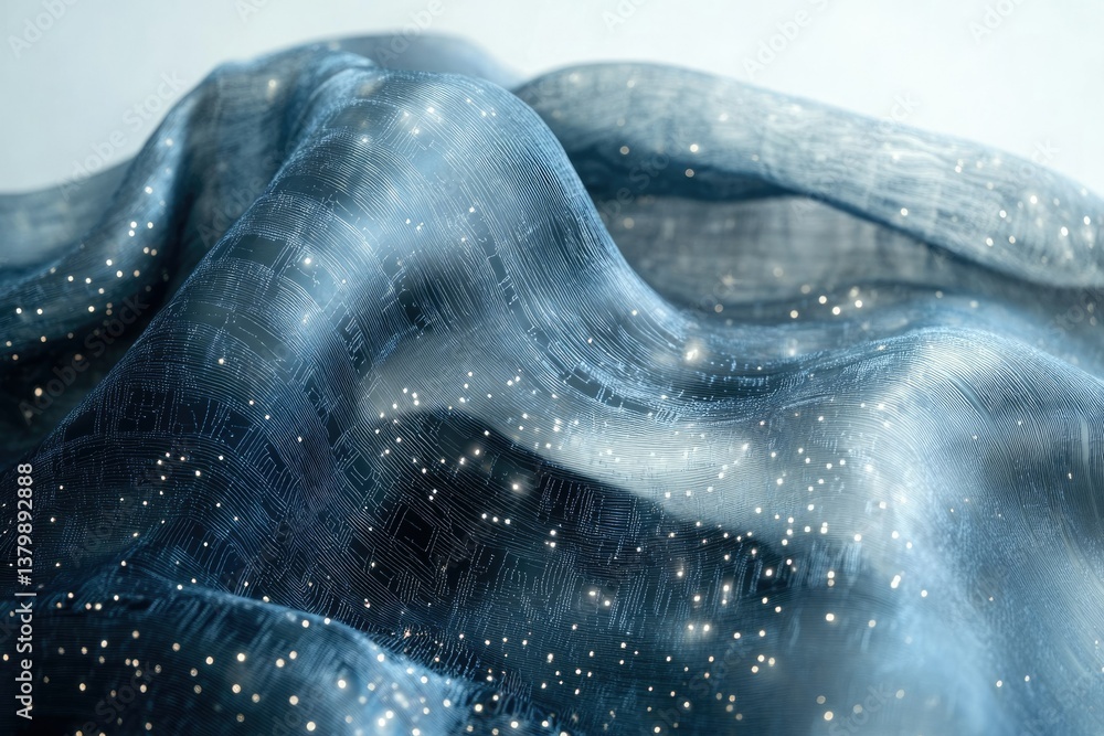 Poster A shimmering, translucent fabric drapes gracefully with embedded circuits, creating a futuristic, ethereal texture and effect with luminous dots.
