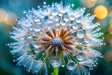 A fluffy dandelion with soft, shimmering threads that look like tiny antennas