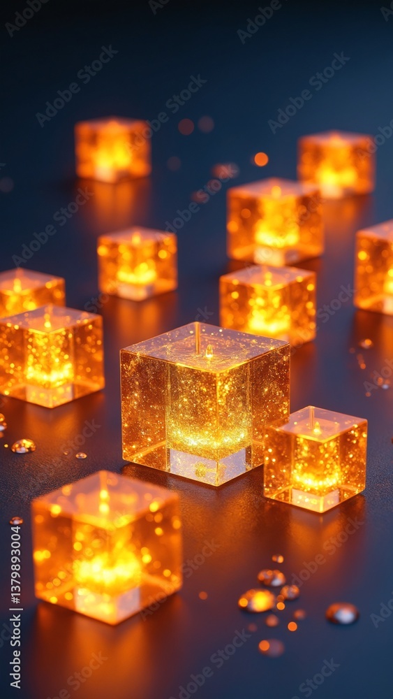 Poster Glowing Transparent Cubes Reflecting Warm Light in a Dark Setting, Creating an Intriguing Abstract Visual Composition