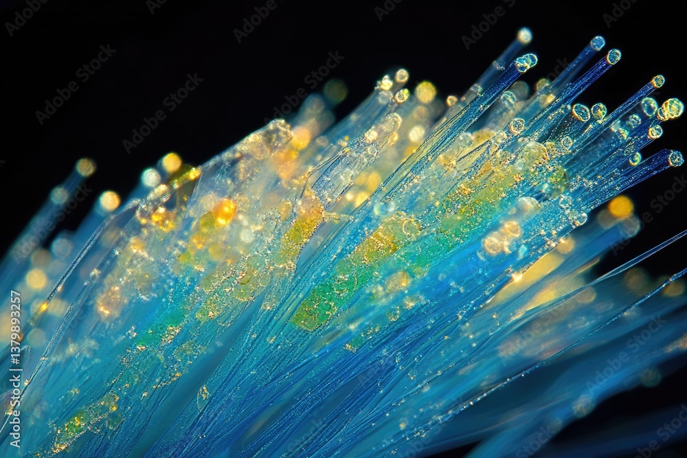 Poster Macro shot of vibrant blue and yellow fiber optics with light reflecting on its surface, creating a glowing effect.