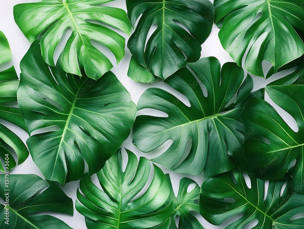 Poster geometric pattern of overlapping monstera leaves with vibrant green color creating an elegant natura