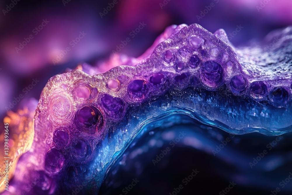 Leinwandbilder Abstract macro image of a textured surface with bubble-like formations in shades of purple, blue, and gold with a shiny, ethereal quality.