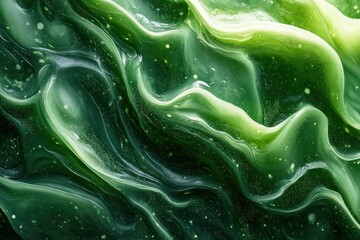A captivating close-up of swirling emerald green hues, resembling liquid jade or a flowing, fantastical abstract landscape with scattered white particles.
