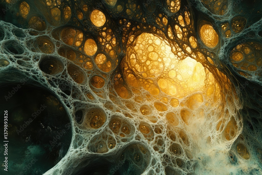 Poster An abstract rendering featuring a network of interconnected cells and glowing orbs, creating a biomorphic, otherworldly atmosphere.