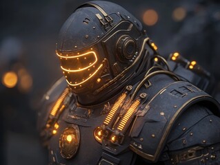 Fototapeta premium Steampunk knight in mechanical armor stands ready for adventure in a futuristic cityscape at dusk